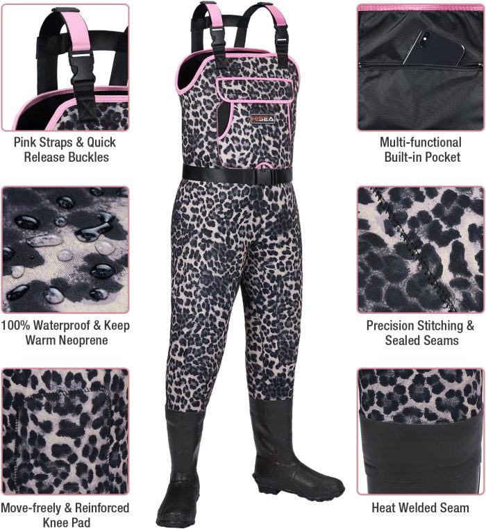 HISEA Women's Chest Waders Leopard Duck Hunting Waders for Women with Boots Neoprene Fishing Waders - Image 2