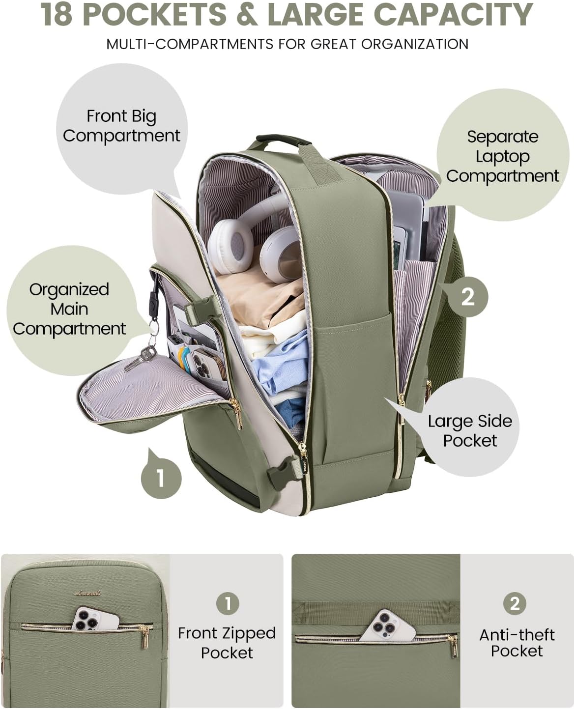 40L Travel Backpack for Women & Men, Large Carry on Backpack for Airplanes with 3 Packing Cubes, TSA Personal Item Travel Bag fits 17" Laptop, Waterproof Weekender Essentials Airline Approved - Image 4