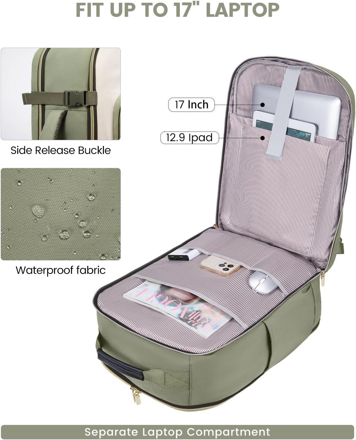 40L Travel Backpack for Women & Men, Large Carry on Backpack for Airplanes with 3 Packing Cubes, TSA Personal Item Travel Bag fits 17" Laptop, Waterproof Weekender Essentials Airline Approved - Image 8